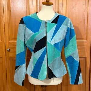 Karen Arnold Vintage Suede Geometric Patchwork Zip-Front Jacket in Blue & Green